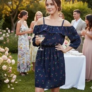 Charming Charlie $48 XL Navy Blue Red Cherry Print Off Shoulder Adjustable Dress